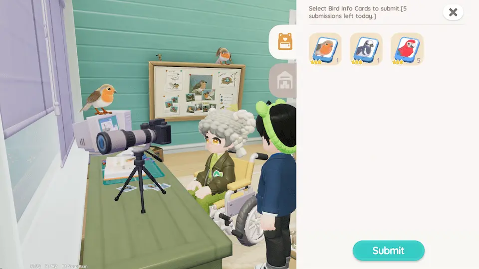 Submitting Bird Info Cards to Bailey J. in Heartopia