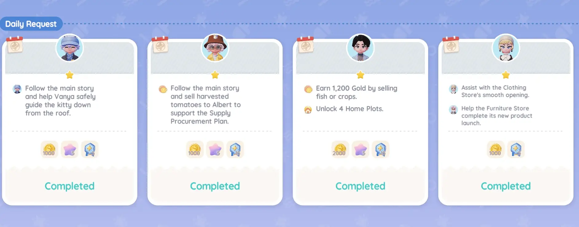 Daily missions screen in Heartopia