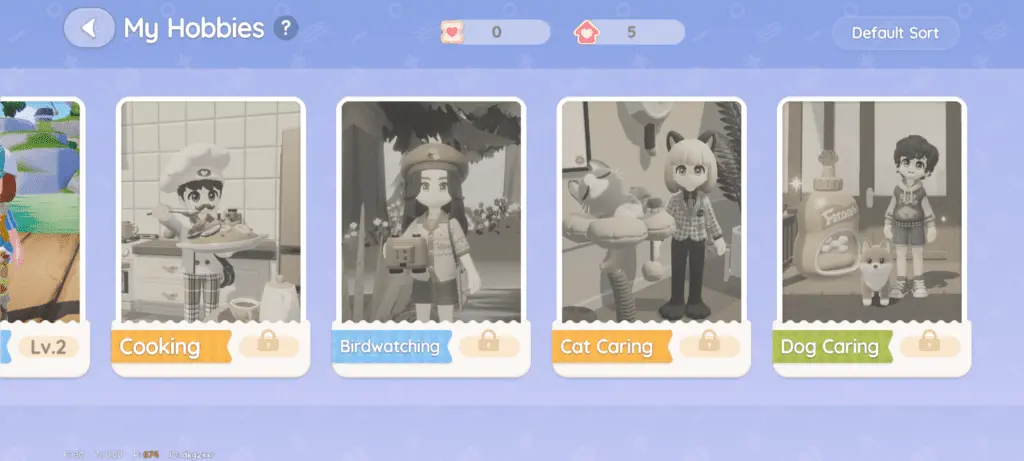 Available hobbies screen in Heartopia